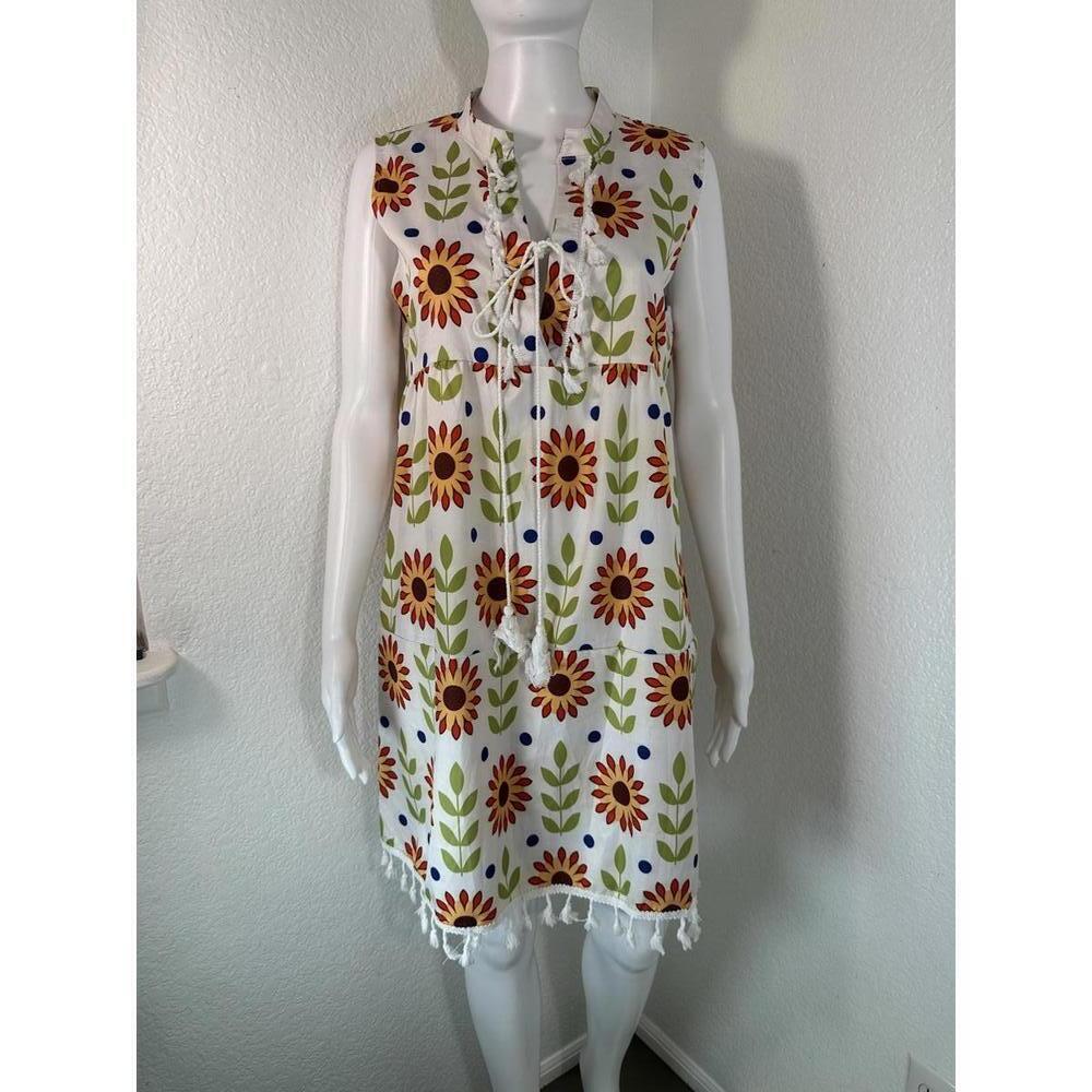 Boho Sunflower Tassel Hem Sleeveless Beach Cruise Dress Sz L Cottagecore Summer